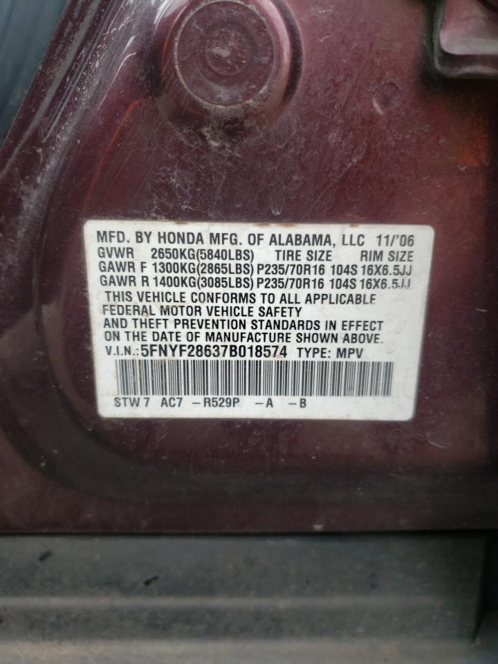 Photo 10 from auction – 2007 HONDA PILOT EXL with VIN 5FNYF28637B018574