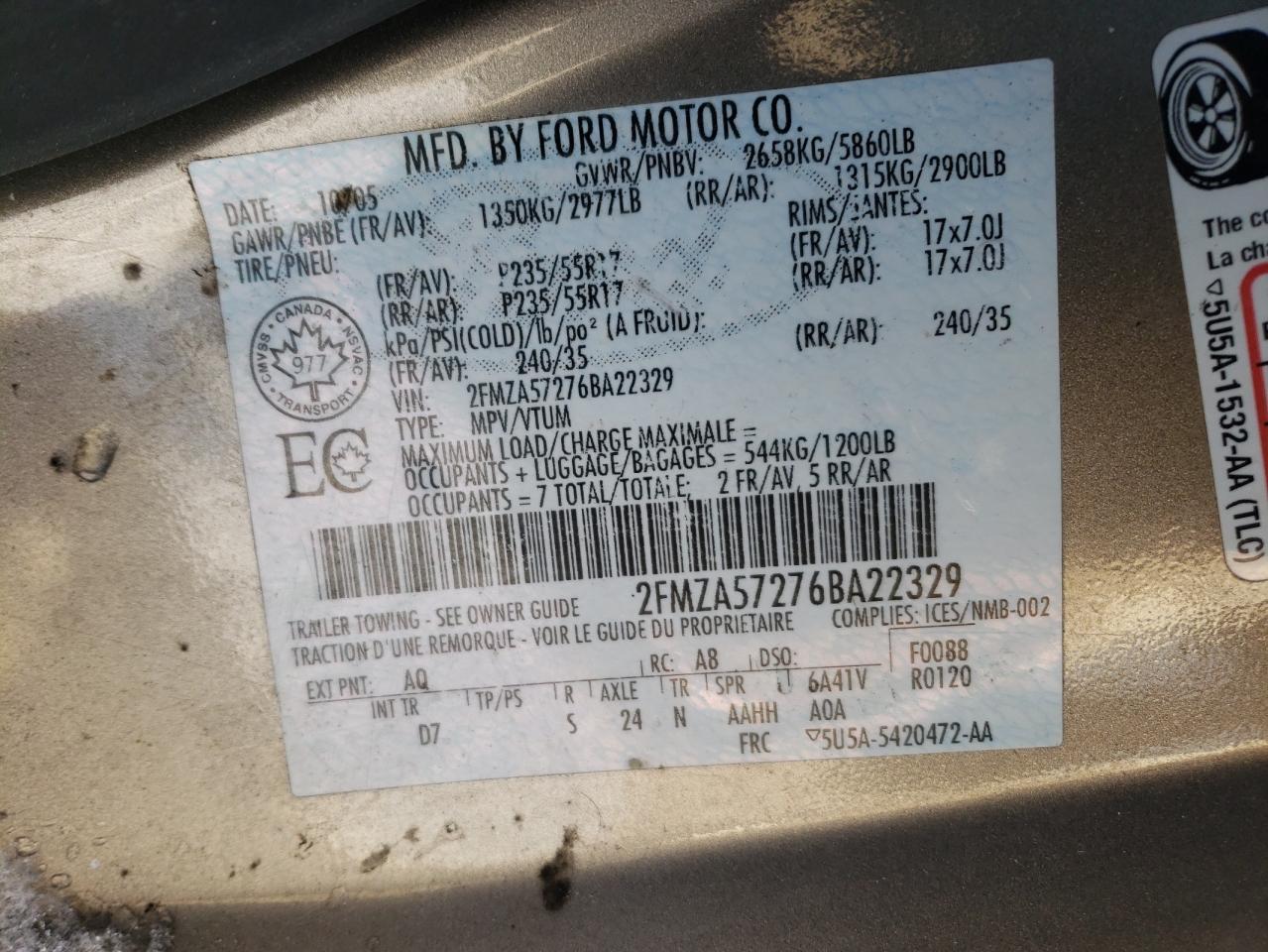 Photo 10 from auction – 2006 FORD FREESTAR S with VIN 2FMZA57276BA22329