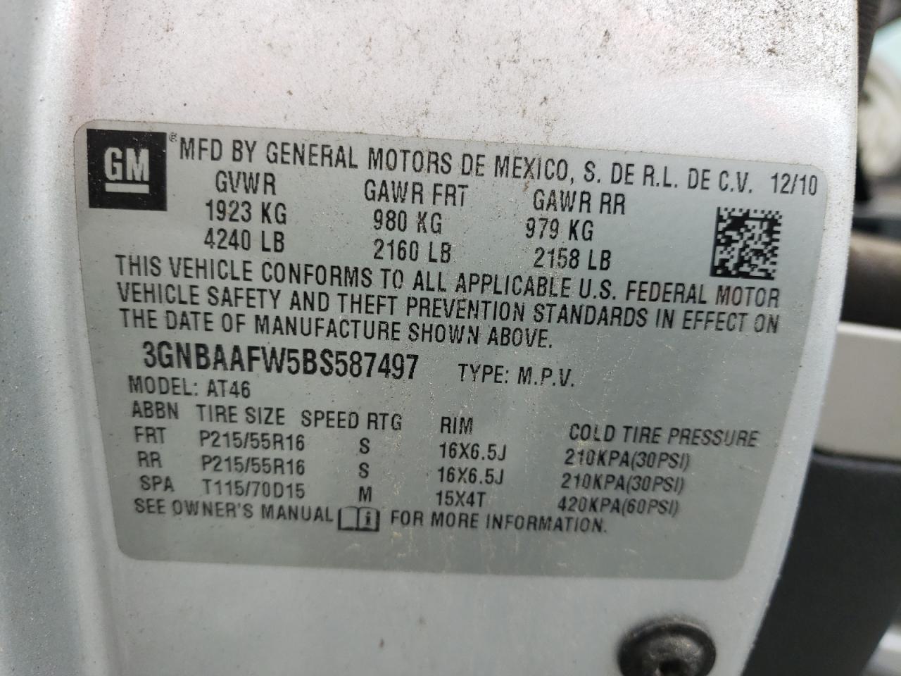 Photo 10 from auction – 2011 CHEVROLET HHR LS with VIN 3GNBAAFW5BS587497