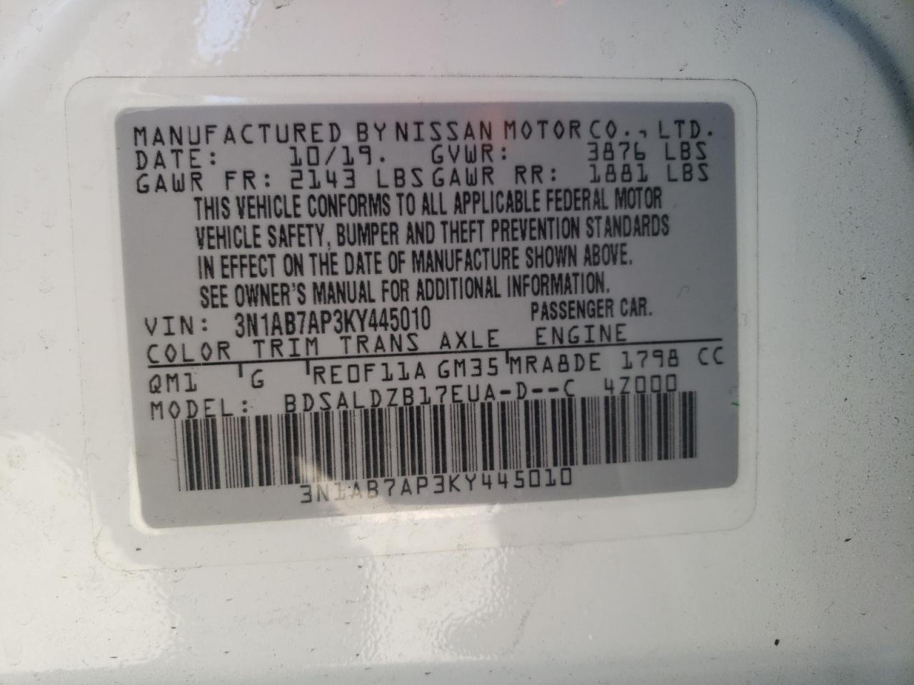 Photo 10 from auction – 2019 NISSAN SENTRA S with VIN 3N1AB7AP3KY445010