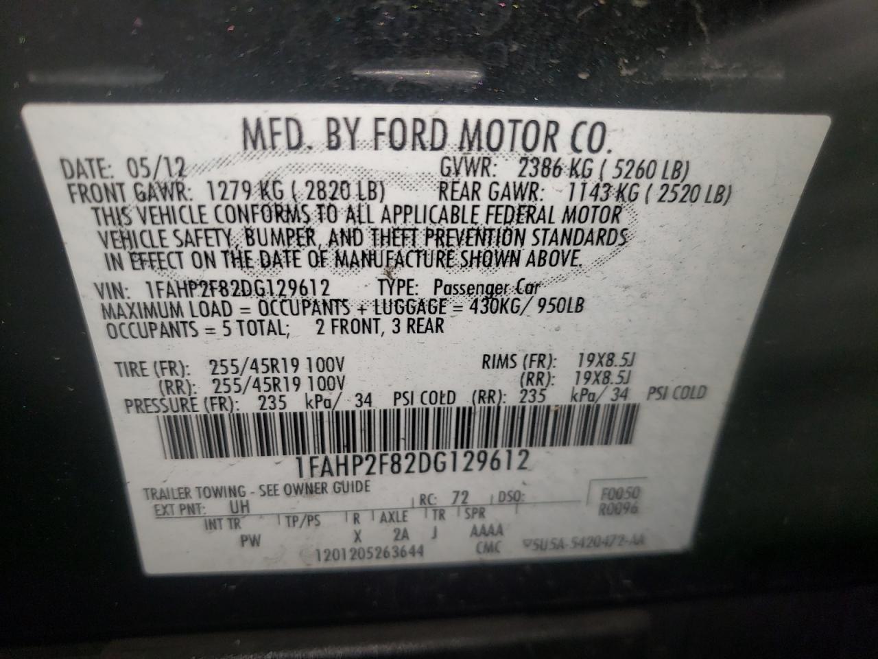 Photo 10 from auction – 2013 FORD TAURUS LIM with VIN 1FAHP2F82DG129612