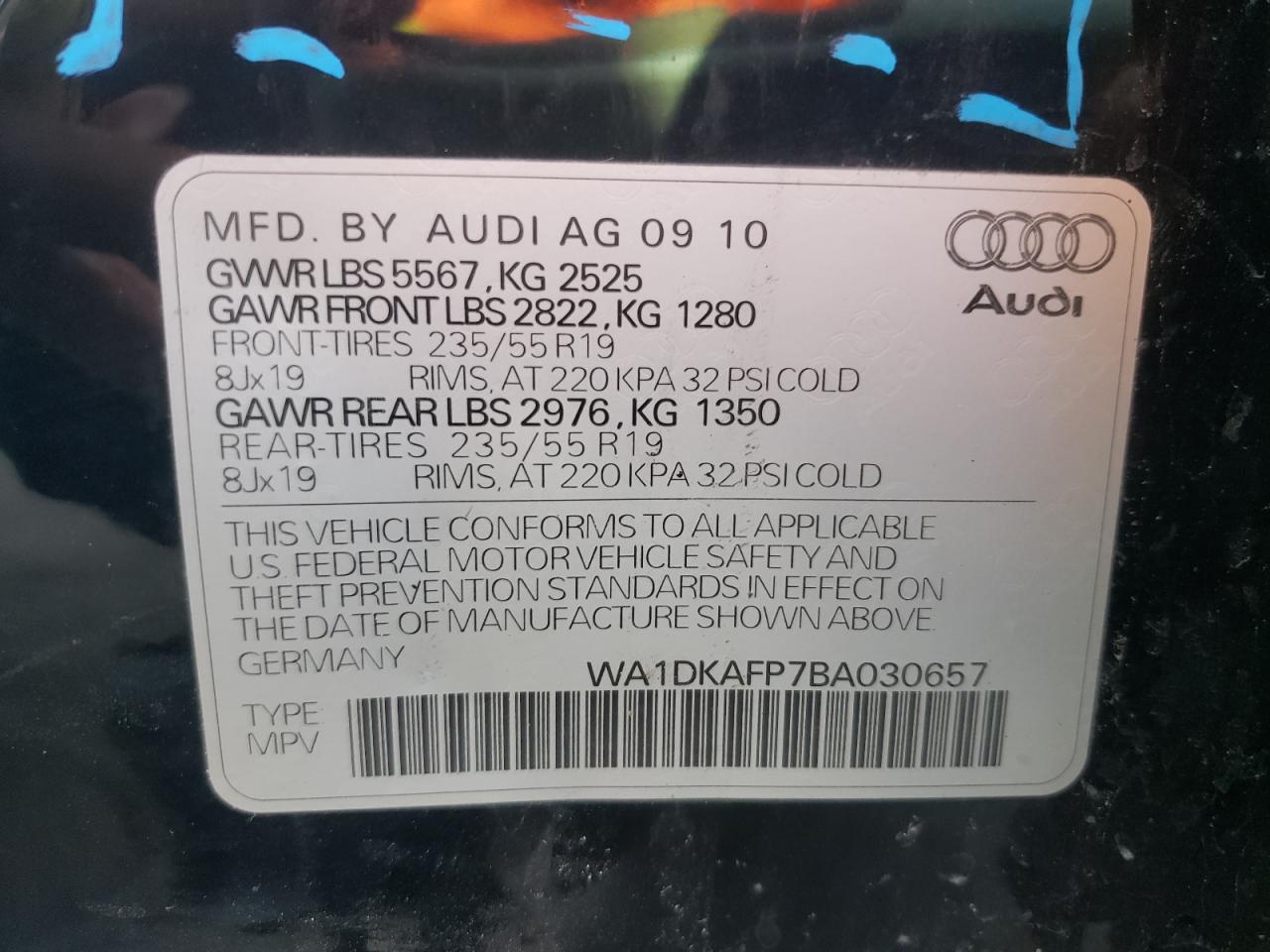 Photo 10 from auction – 2011 AUDI Q5 PREMIUM with VIN WA1DKAFP7BA030657