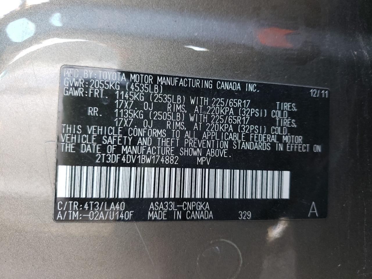 Photo 10 from auction – 2011 TOYOTA RAV4 LIMIT with VIN 2T3DF4DV1BW174882