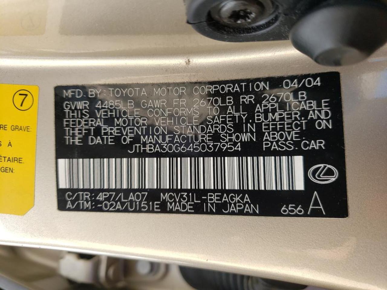Photo 10 from auction – 2004 LEXUS ES 330 with VIN JTHBA30G645037954