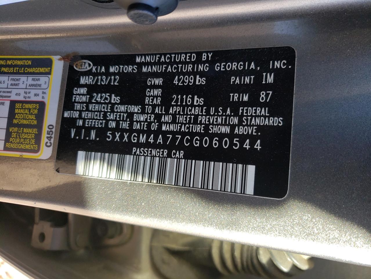 Photo 10 from auction – 2012 KIA OPTIMA LX with VIN 5XXGM4A77CG060544