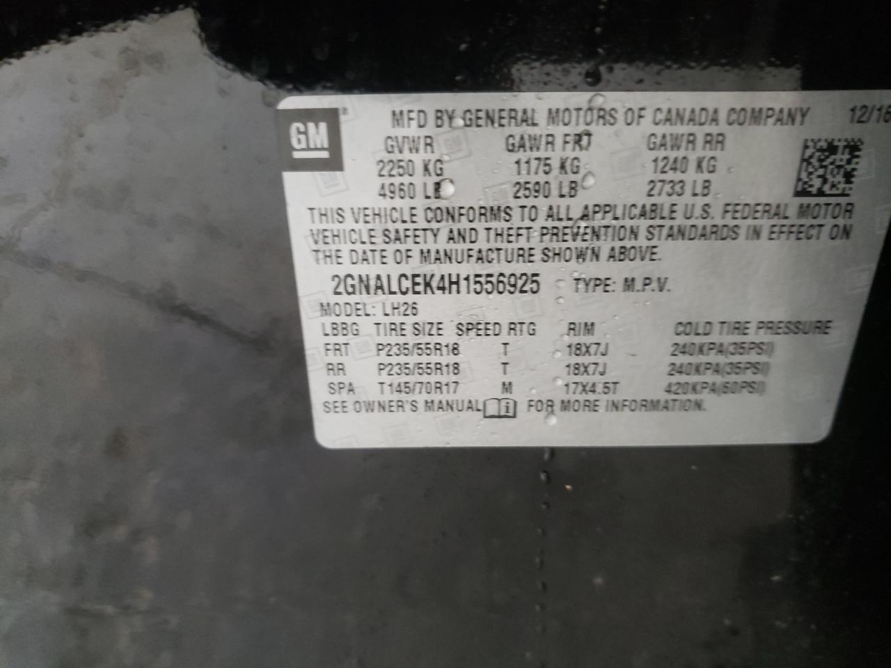 Photo 10 from auction – 2017 CHEVROLET EQUINOX LT with VIN 2GNALCEK4H1556925