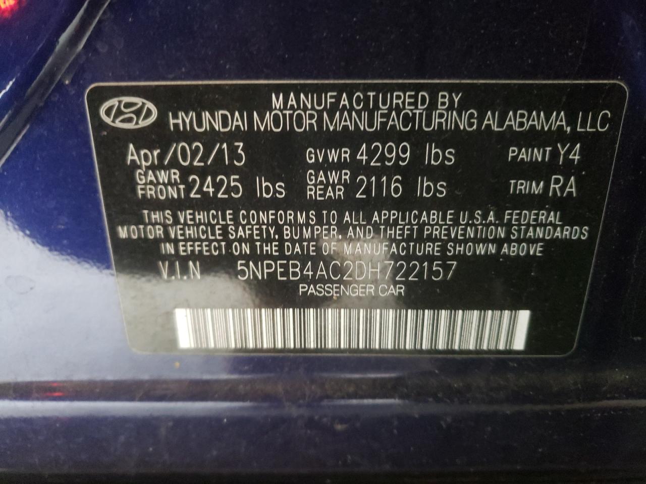 Photo 10 from auction – 2013 HYUNDAI SONATA GLS with VIN 5NPEB4AC2DH722157