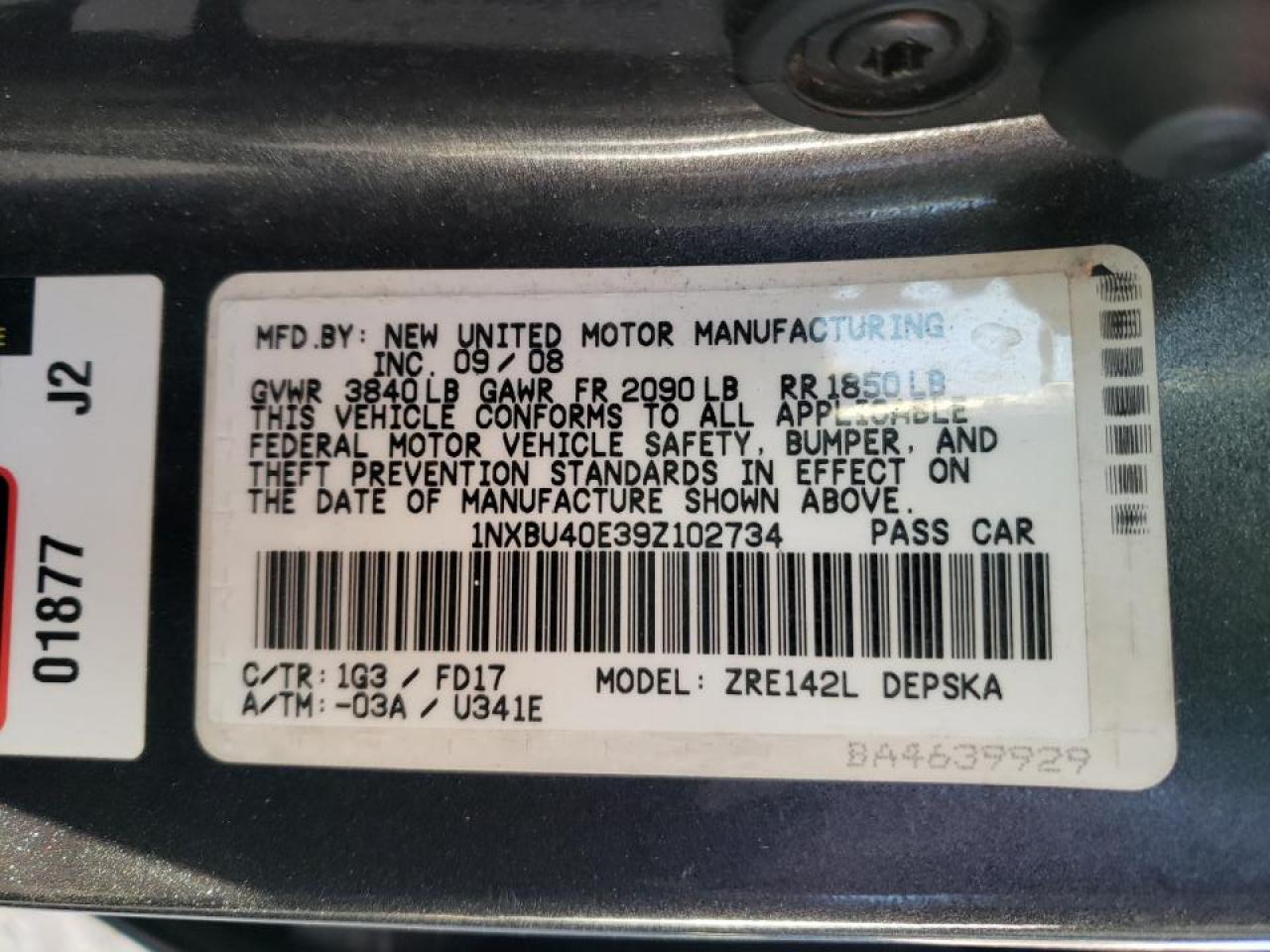 Photo 10 from auction – 2009 TOYOTA COROLLA BA with VIN 1NXBU40E39Z102734