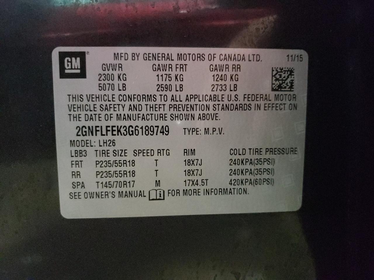 Photo 10 from auction – 2016 CHEVROLET EQUINOX LT with VIN 2GNFLFEK3G6189749