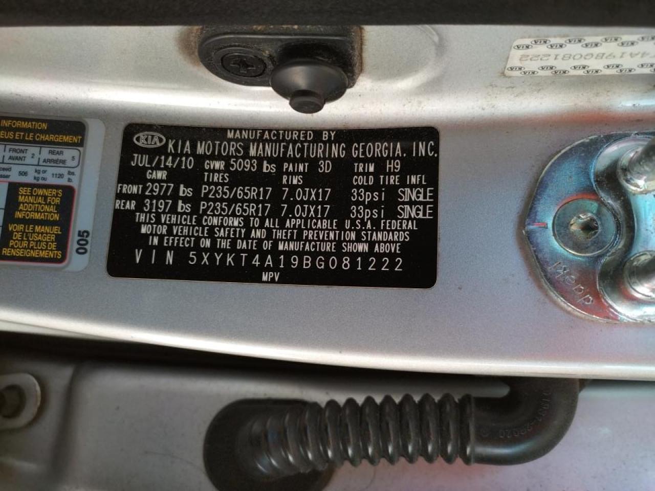 Photo 10 from auction – 2011 KIA SORENTO BA with VIN 5XYKT4A19BG081222