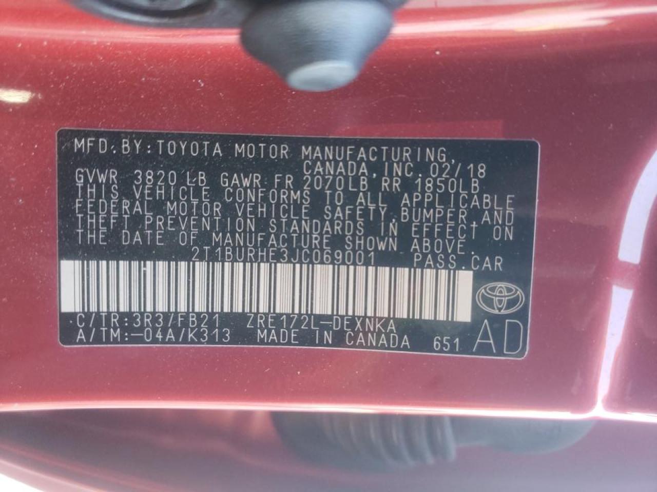 Photo 10 from auction – 2018 TOYOTA COROLLA L with VIN 2T1BURHE3JC069001