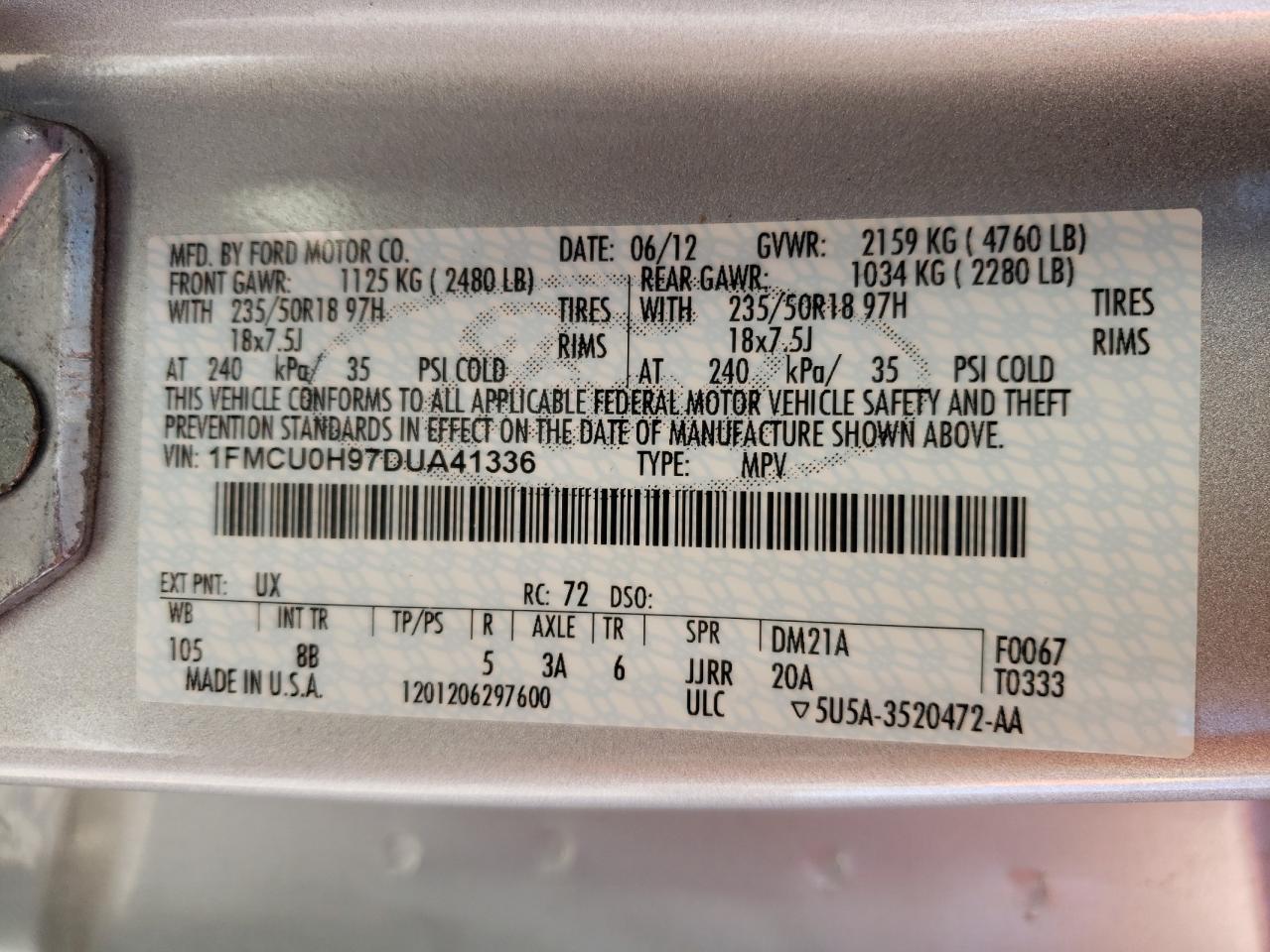 Photo 10 from auction – 2013 FORD ESCAPE SEL with VIN 1FMCU0H97DUA41336