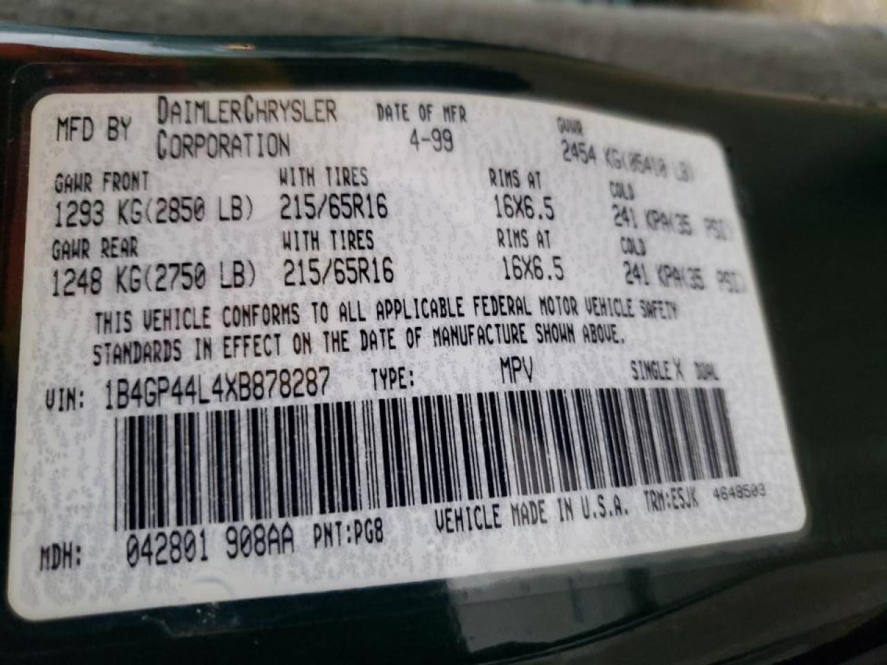 Photo 10 from auction – 1999 DODGE GRAND CARA with VIN 1B4GP44L4XB878287