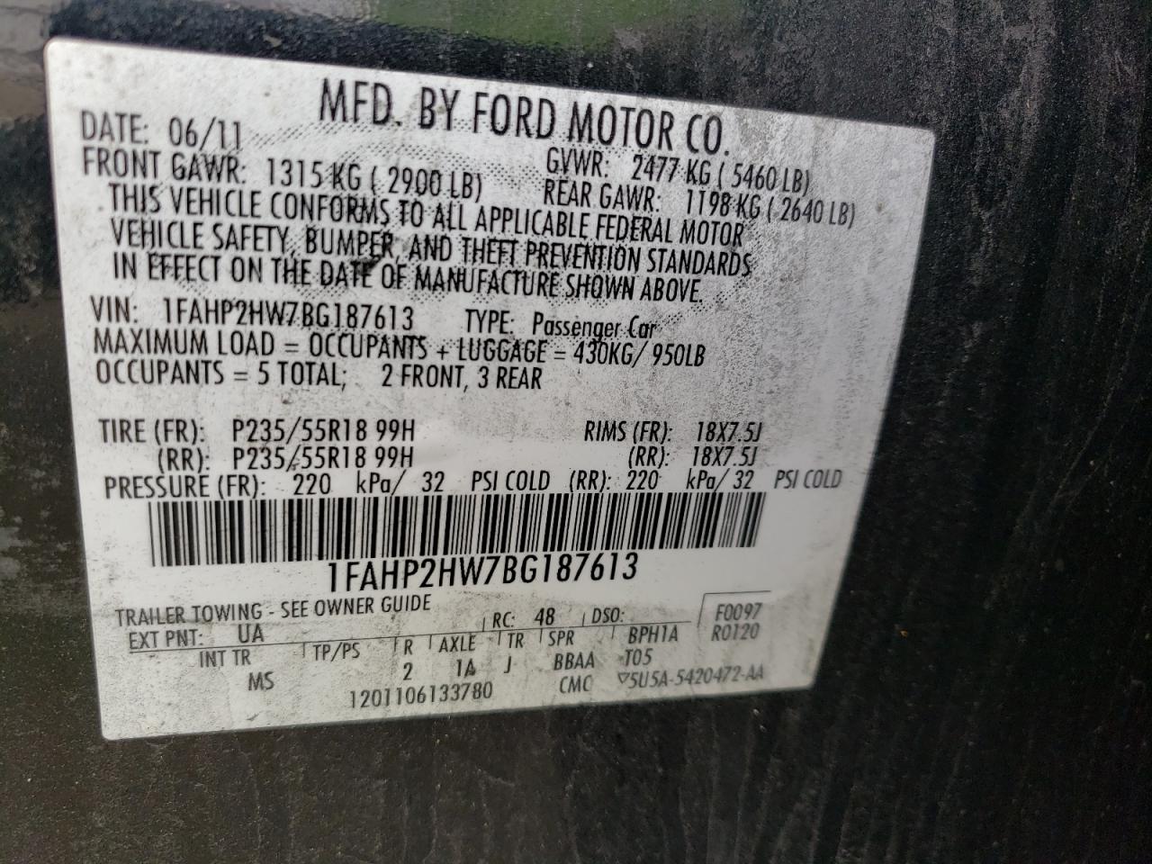 Photo 10 from auction – 2011 FORD TAURUS SEL with VIN 1FAHP2HW7BG187613