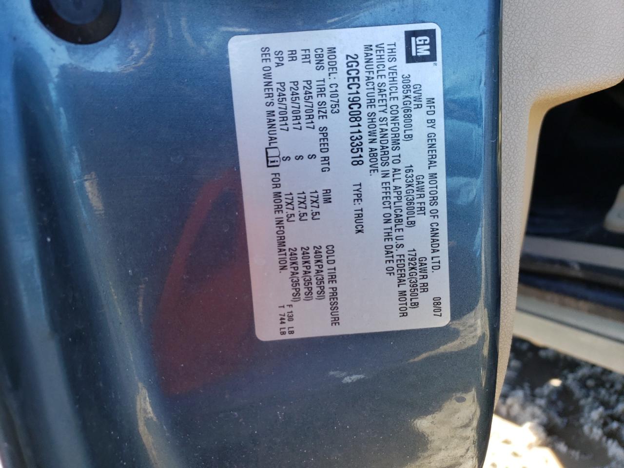 Photo 10 from auction – 2008 CHEVROLET SILVERADO with VIN 2GCEC19C081133518