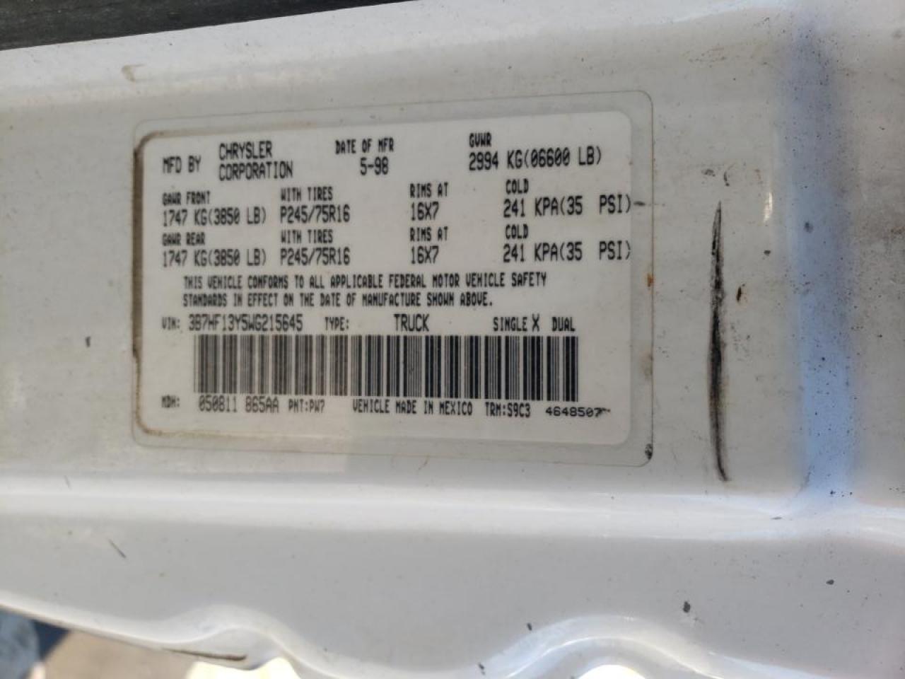 Photo 10 from auction – 1998 DODGE RAM 1500 with VIN 3B7HF13Y5WG215645