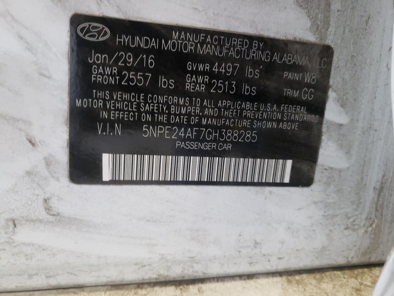 Photo 10 from auction – 2016 HYUNDAI SONATA SE with VIN 5NPE24AF7GH388285