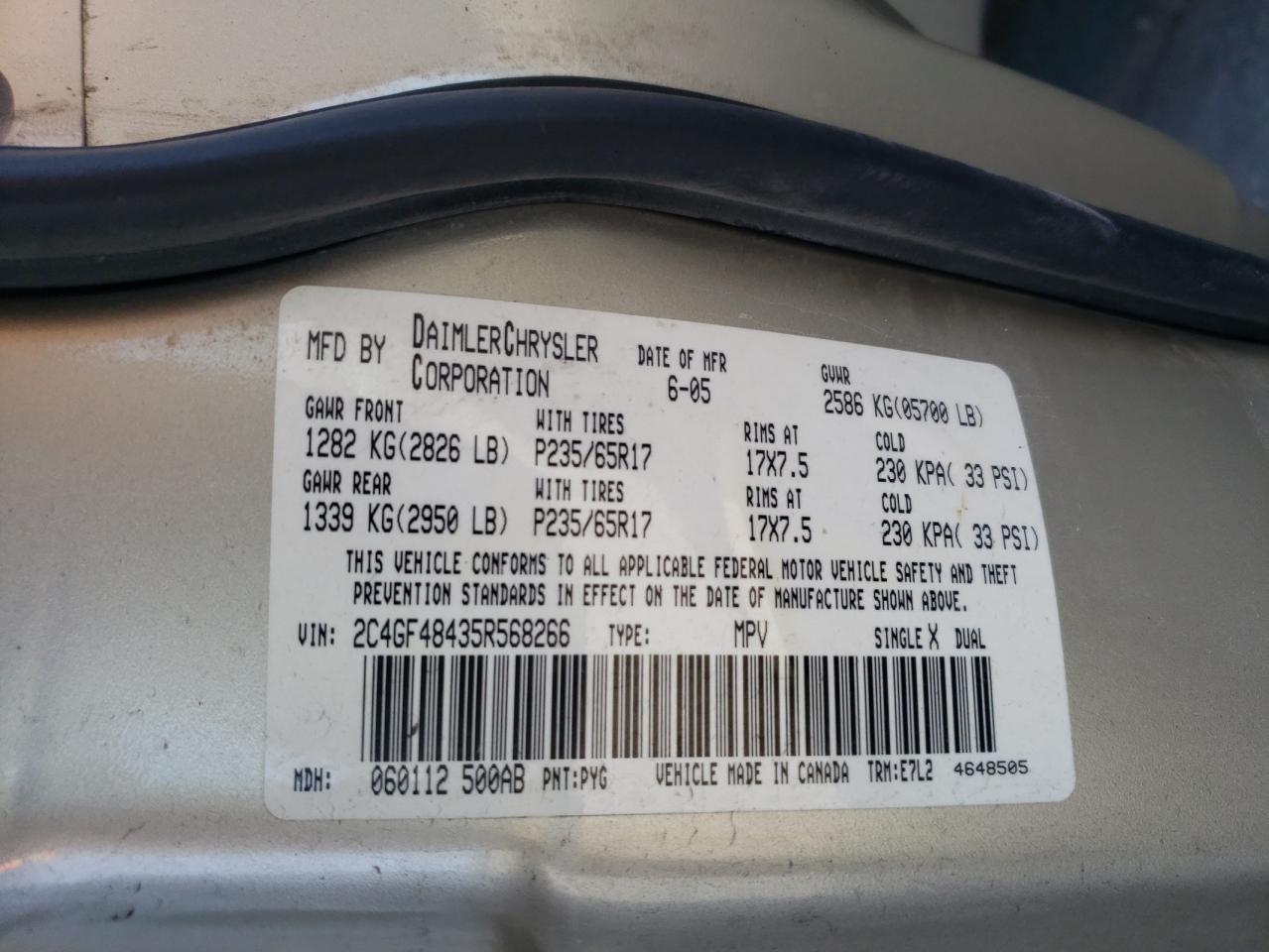 Photo 10 from auction – 2005 CHRYSLER PACIFICA with VIN 2C4GF48435R568266