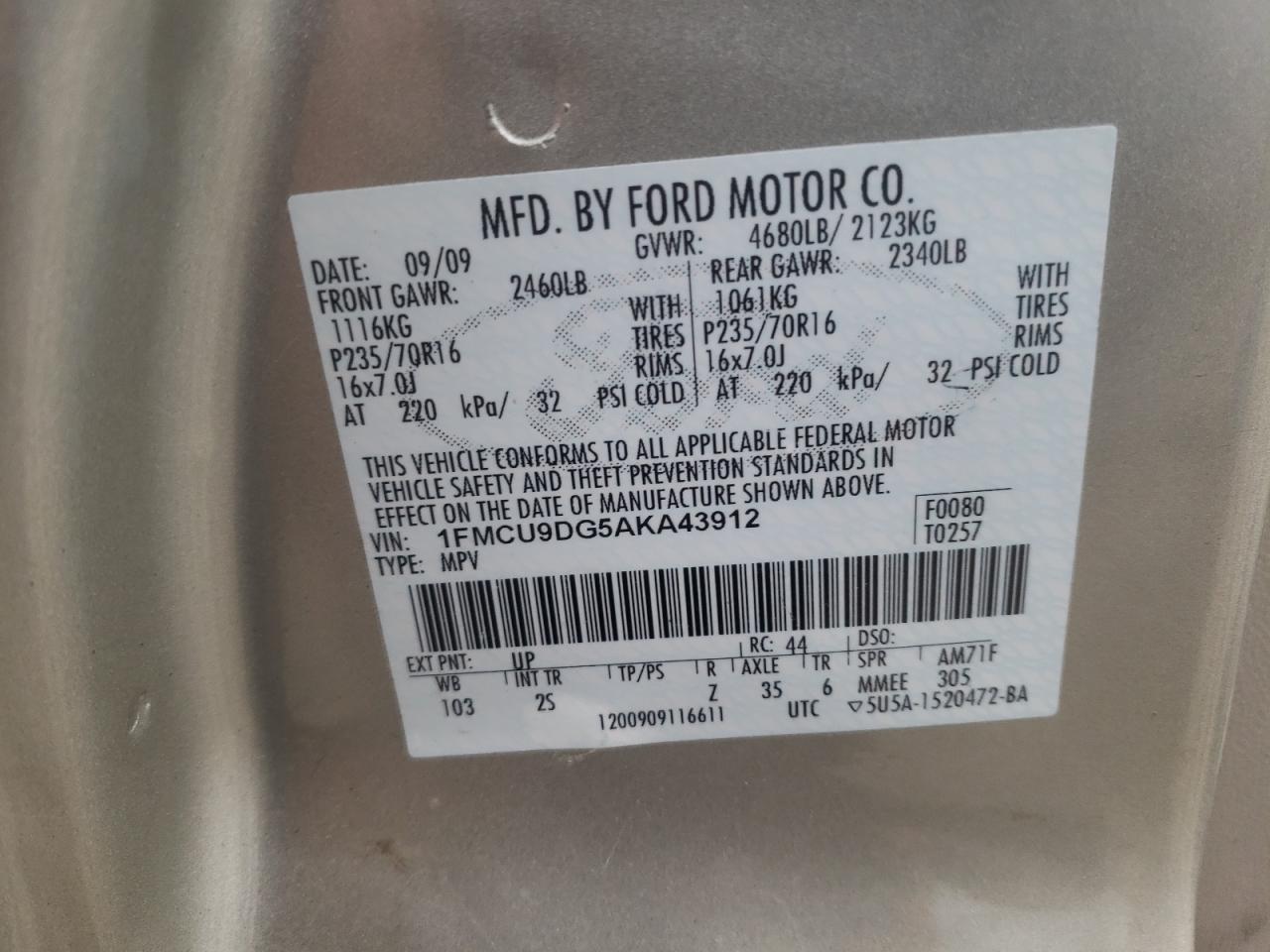 Photo 10 from auction – 2010 FORD ESCAPE XLT with VIN 1FMCU9DG5AKA43912