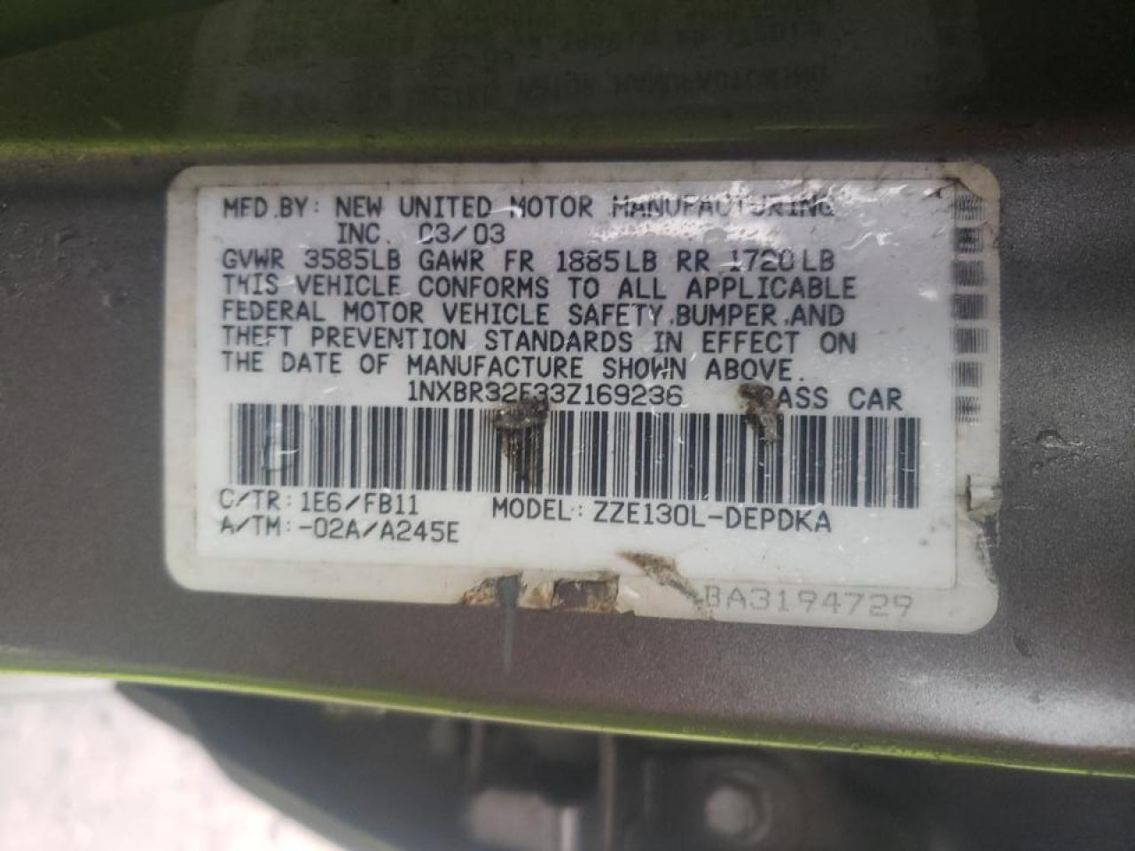 Photo 10 from auction – 2003 TOYOTA COROLLA CE with VIN 1NXBR32E33Z169236