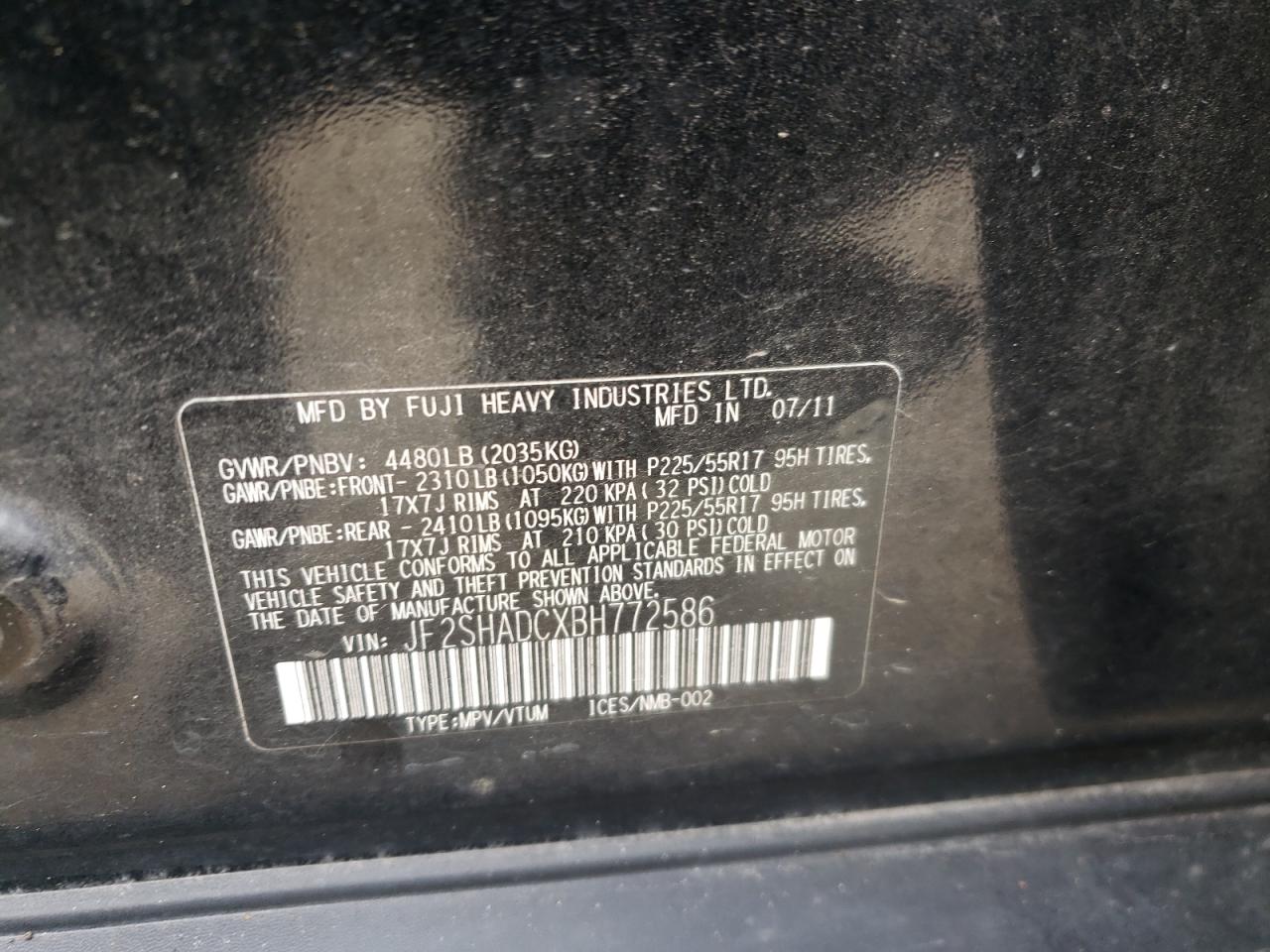 Photo 10 from auction – 2011 SUBARU FORESTER 2 with VIN JF2SHADCXBH772586
