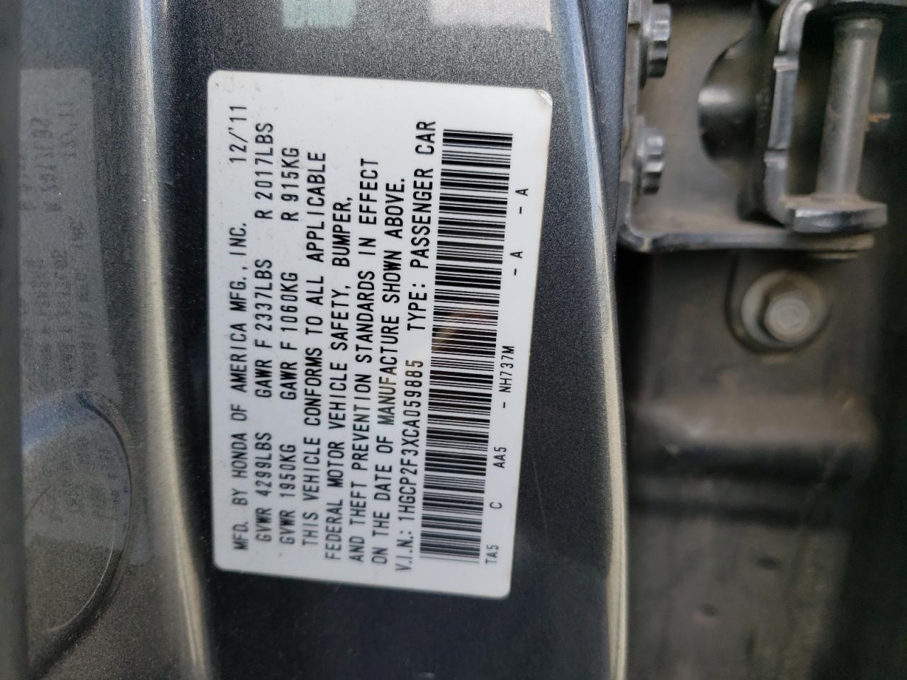 Photo 10 from auction – 2012 HONDA ACCORD LX with VIN 1HGCP2F3XCA059885