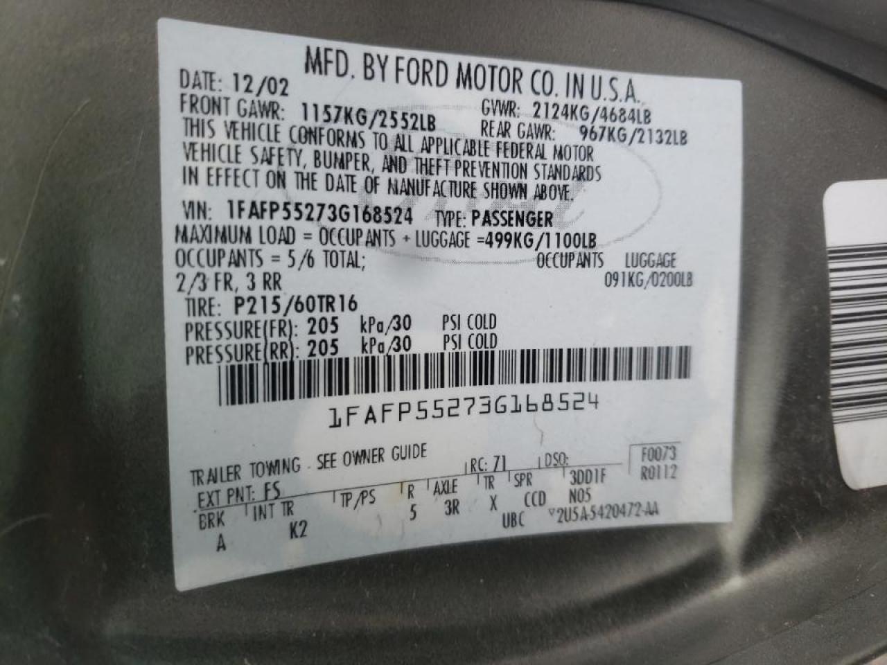 Фото 10 с аукциона – 2003 FORD TAURUS SES с VIN 1FAFP55273G168524