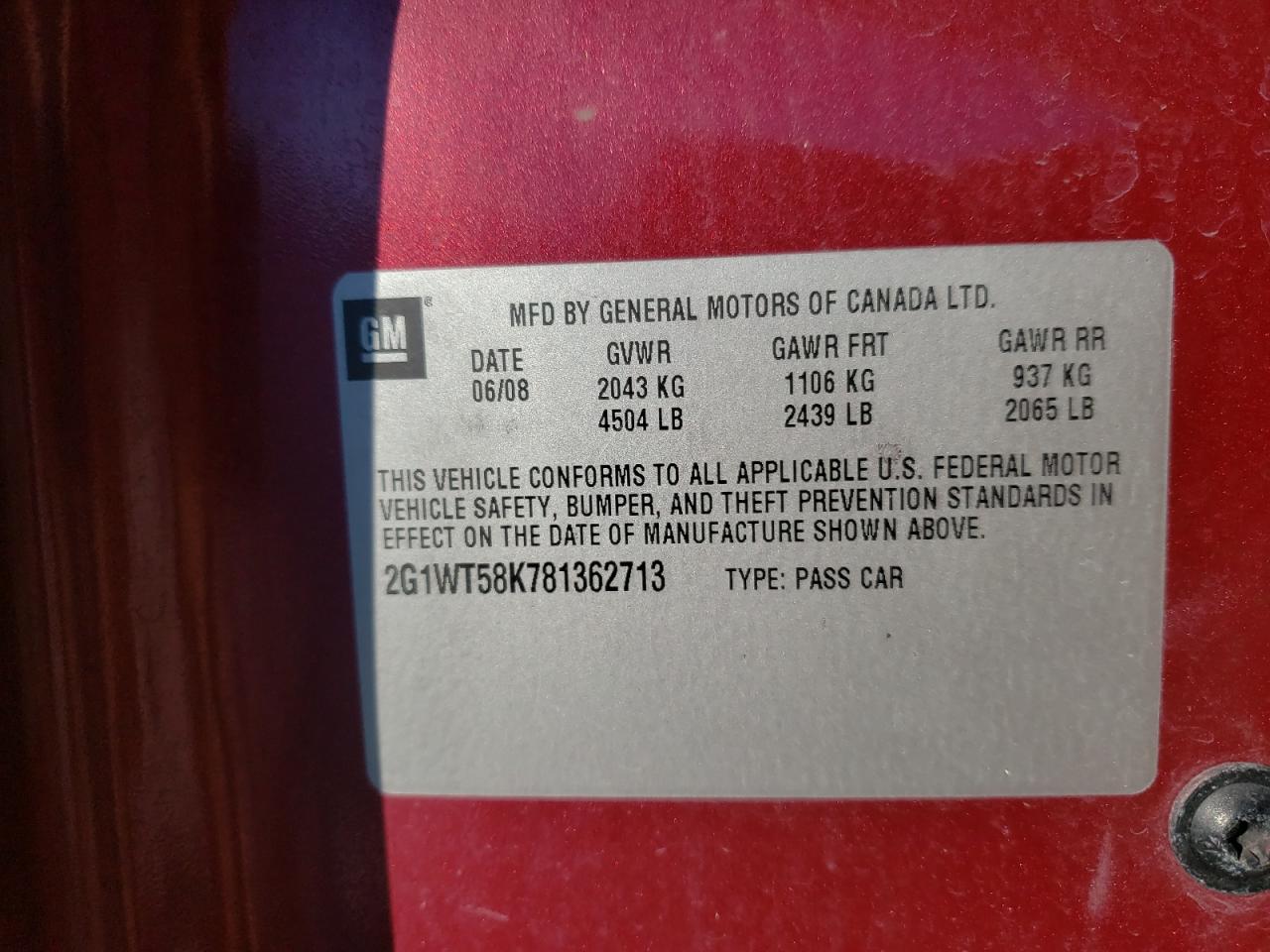 Photo 10 from auction – 2008 CHEVROLET IMPALA LT with VIN 2G1WT58K781362713