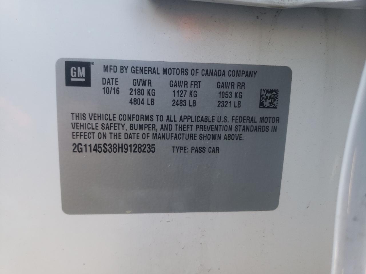 Photo 10 from auction – 2017 CHEVROLET IMPALA PRE with VIN 2G1145S38H9128235