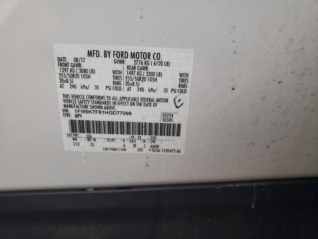Foto 10 de la subasta – 2017 FORD EXPLORER L con VIN 1FM5K7F81HGD77098