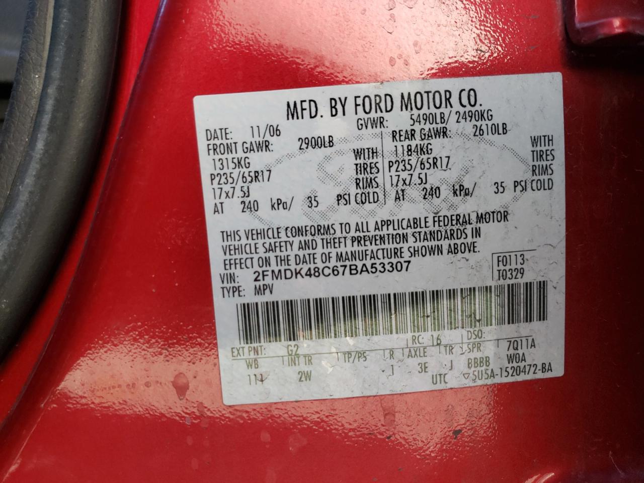 Photo 10 from auction – 2007 FORD EDGE SEL with VIN 2FMDK48C67BA53307