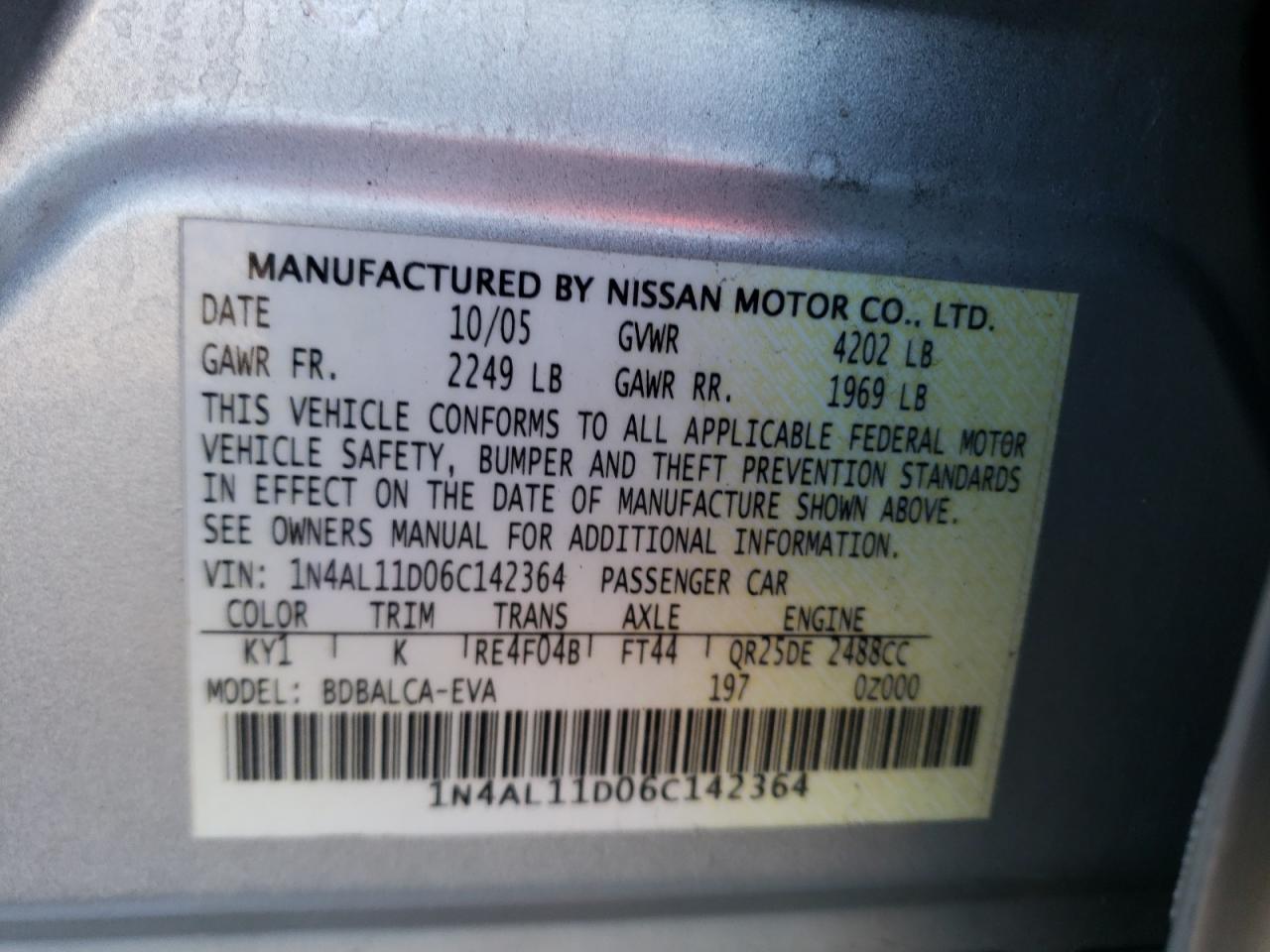 Photo 10 from auction – 2006 NISSAN ALTIMA S with VIN 1N4AL11D06C142364