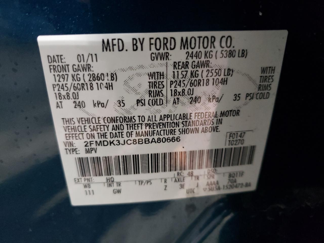 Photo 10 from auction – 2011 FORD EDGE SEL with VIN 2FMDK3JC8BBA80666