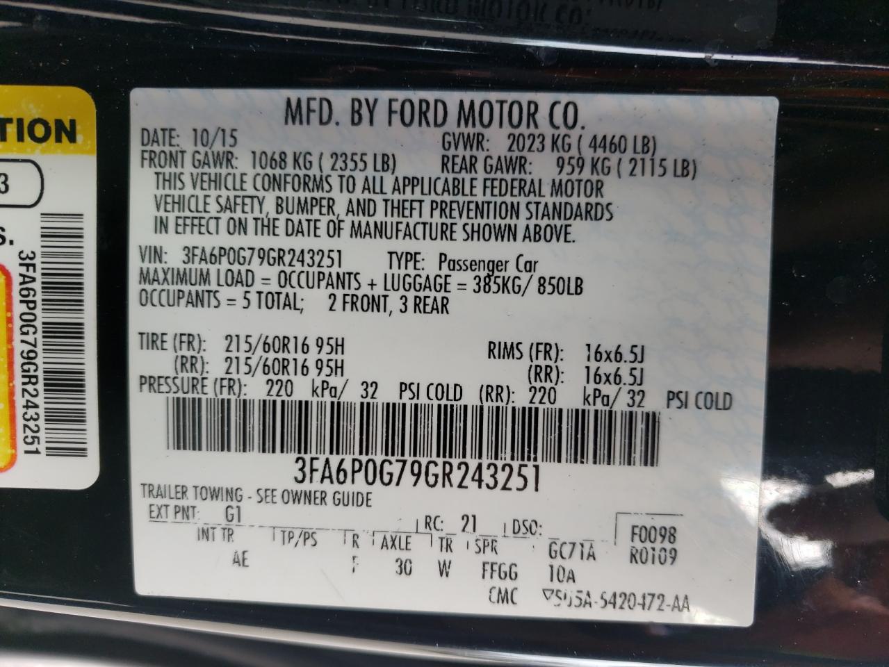 Photo 10 from auction – 2016 FORD FUSION S with VIN 3FA6P0G79GR243251
