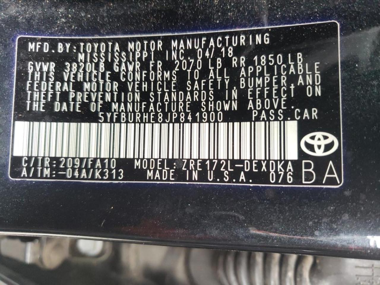 Photo 10 from auction – 2018 TOYOTA COROLLA L with VIN 5YFBURHE8JP841900