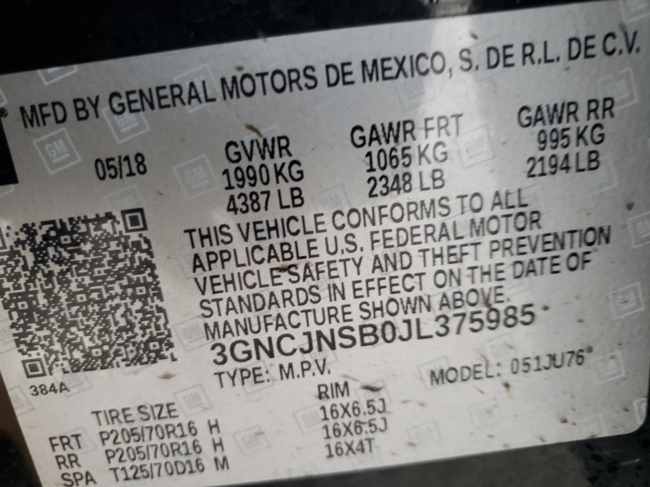 Photo 10 from auction – 2018 CHEVROLET TRAX LS with VIN 3GNCJNSB0JL375985