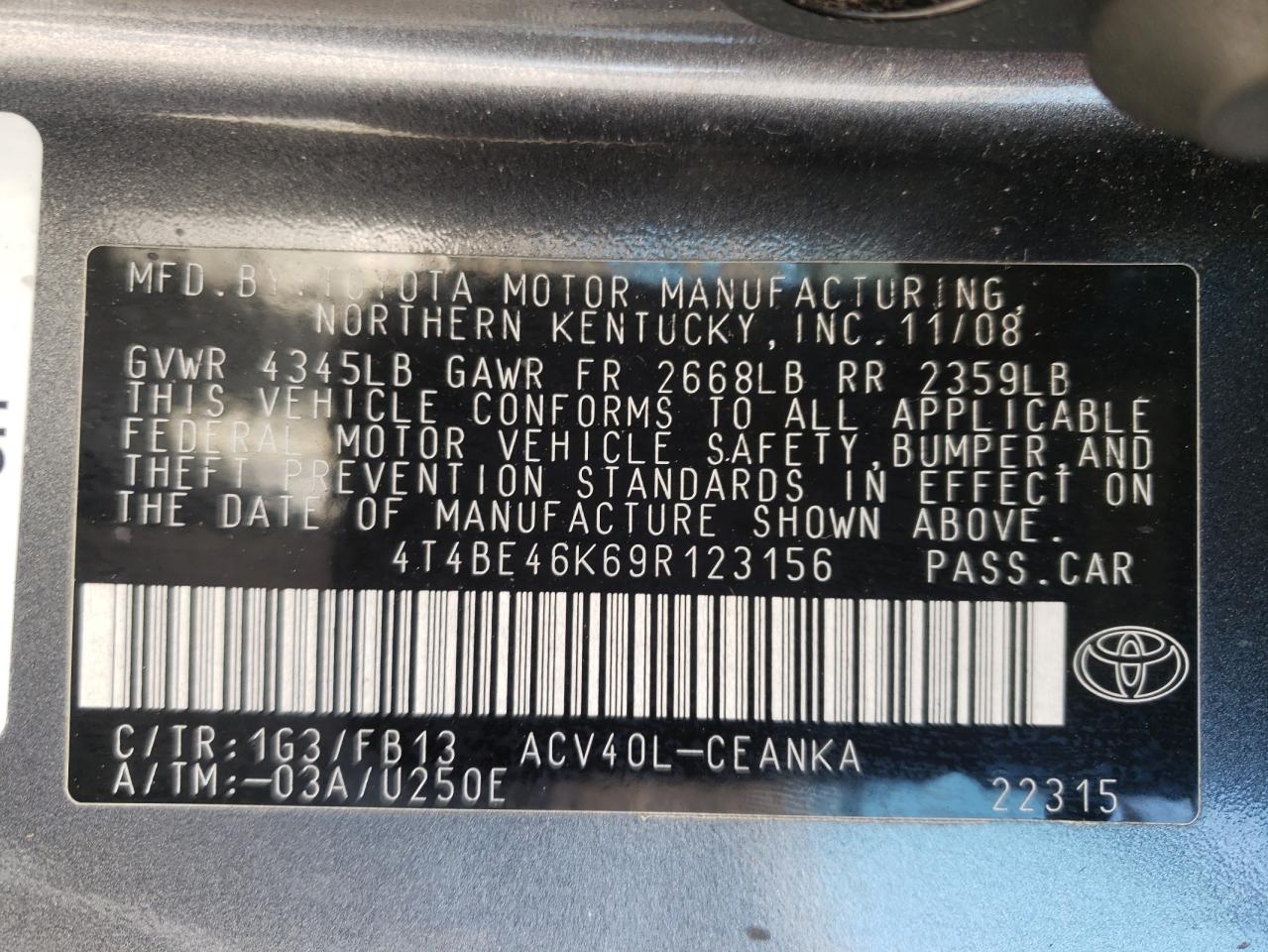 Photo 10 from auction – 2009 TOYOTA CAMRY BASE with VIN 4T4BE46K69R123156