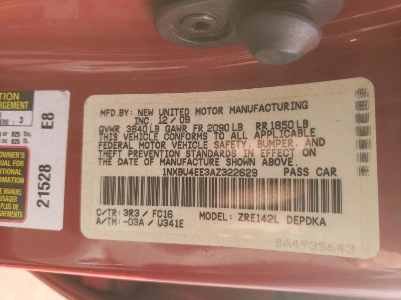 Photo 10 from auction – 2010 TOYOTA COROLLA BA with VIN 1NXBU4EE3AZ322629