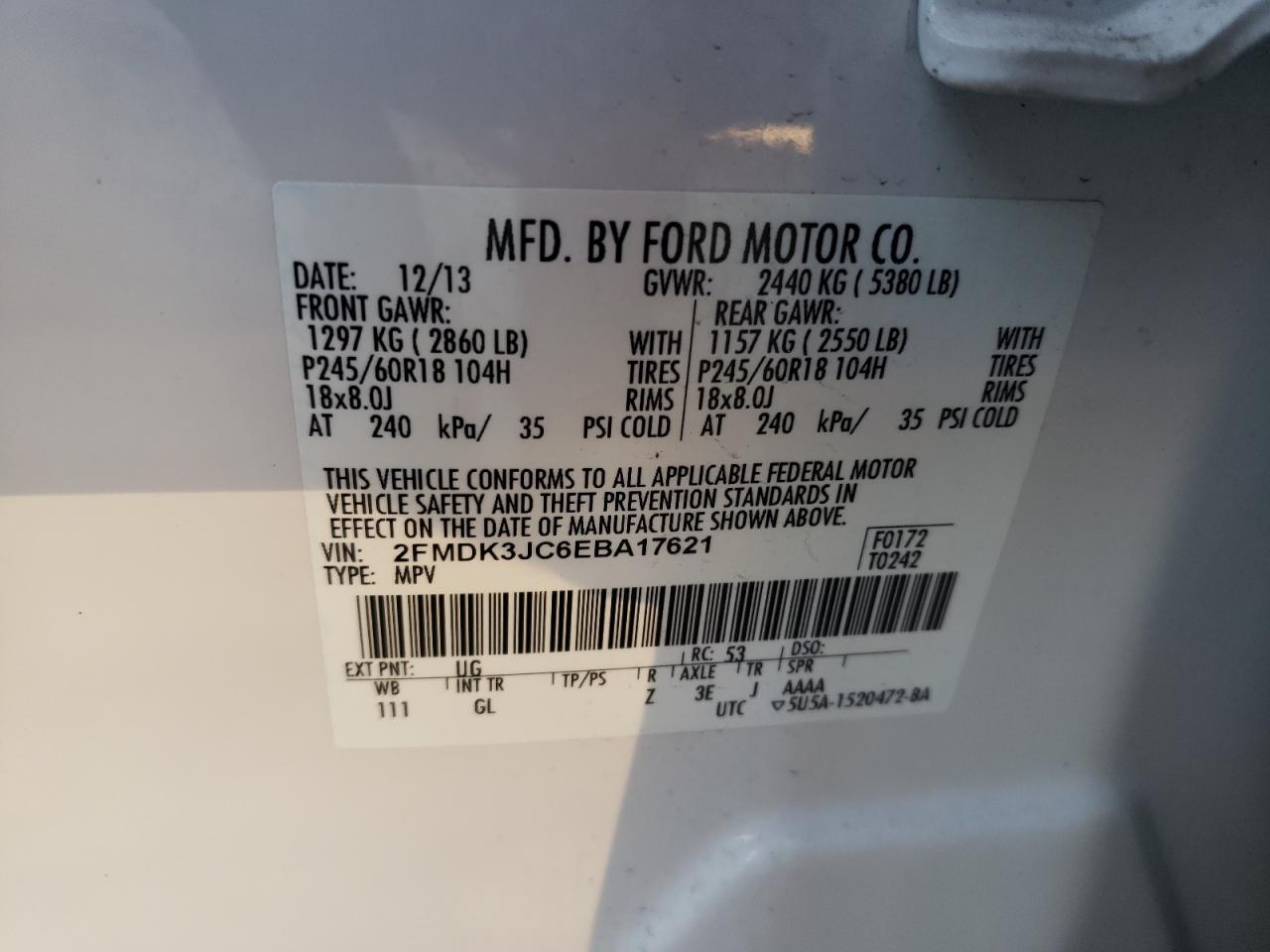 Photo 10 from auction – 2014 FORD EDGE SEL with VIN 2FMDK3JC6EBA17621