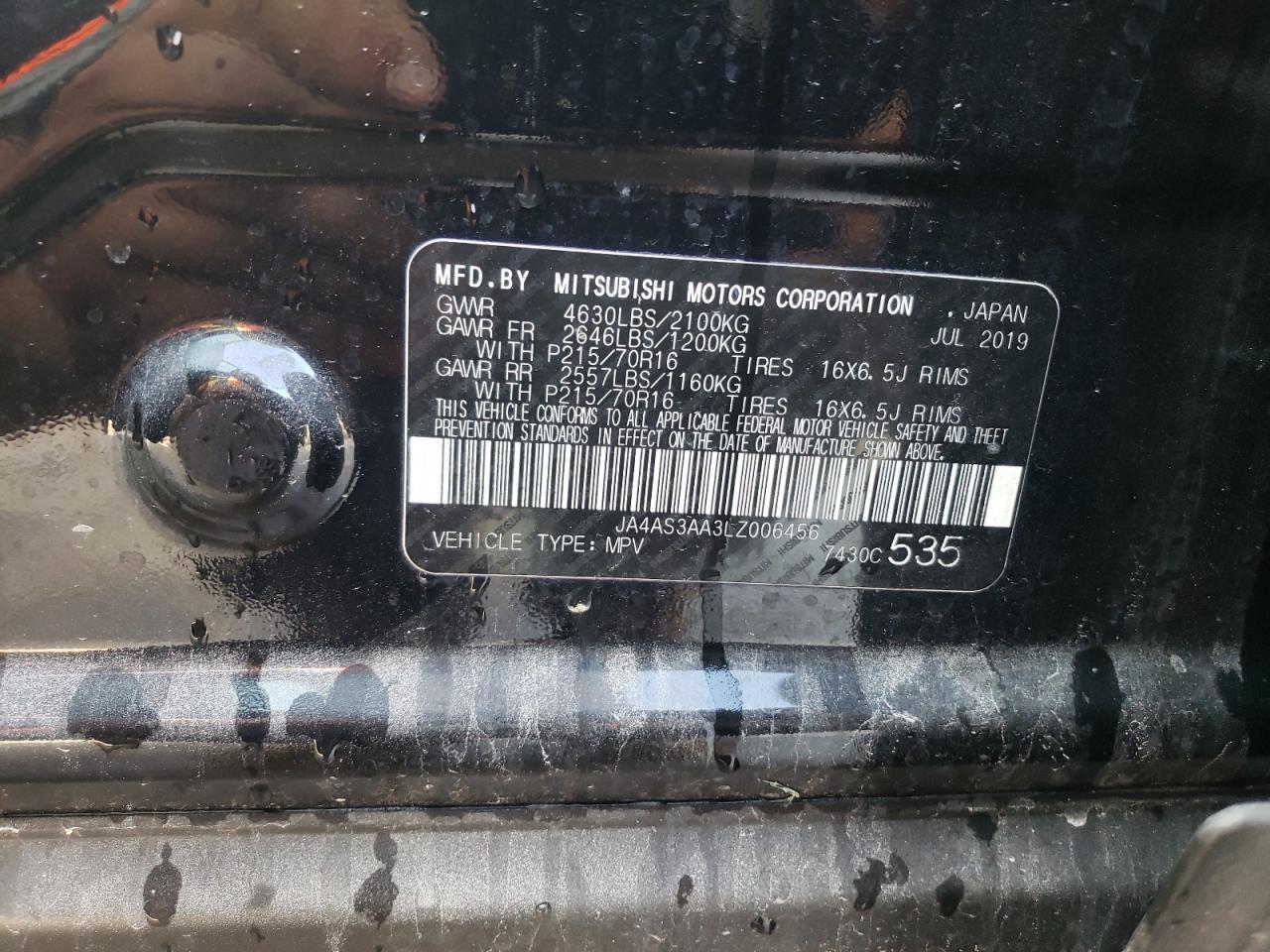 Photo 10 from auction – 2020 MITSUBISHI ECLIPSE CR with VIN JA4AS3AA3LZ006456