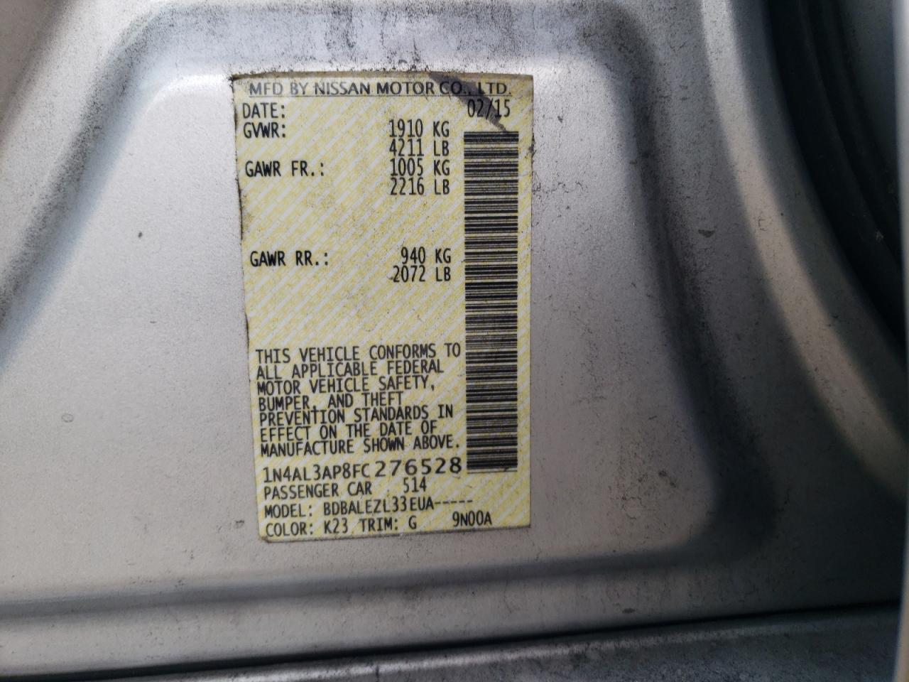 Photo 10 from auction – 2015 NISSAN ALTIMA 2.5 with VIN 1N4AL3AP8FC276528