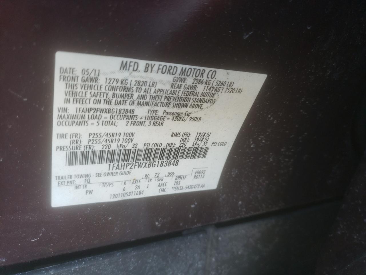 Photo 10 from auction – 2011 FORD TAURUS LIM with VIN 1FAHP2FWXBG183848