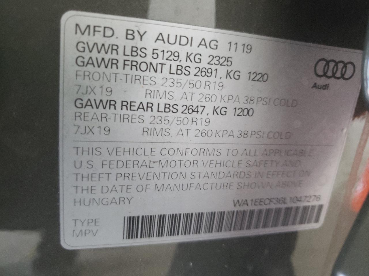 Photo 10 from auction – 2020 AUDI Q3 PREMIUM with VIN WA1EECF36L1047276