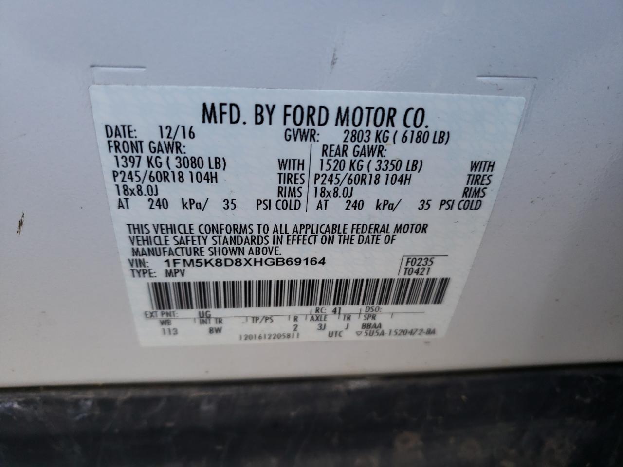 Photo 10 from auction – 2017 FORD EXPLORER X with VIN 1FM5K8D8XHGB69164