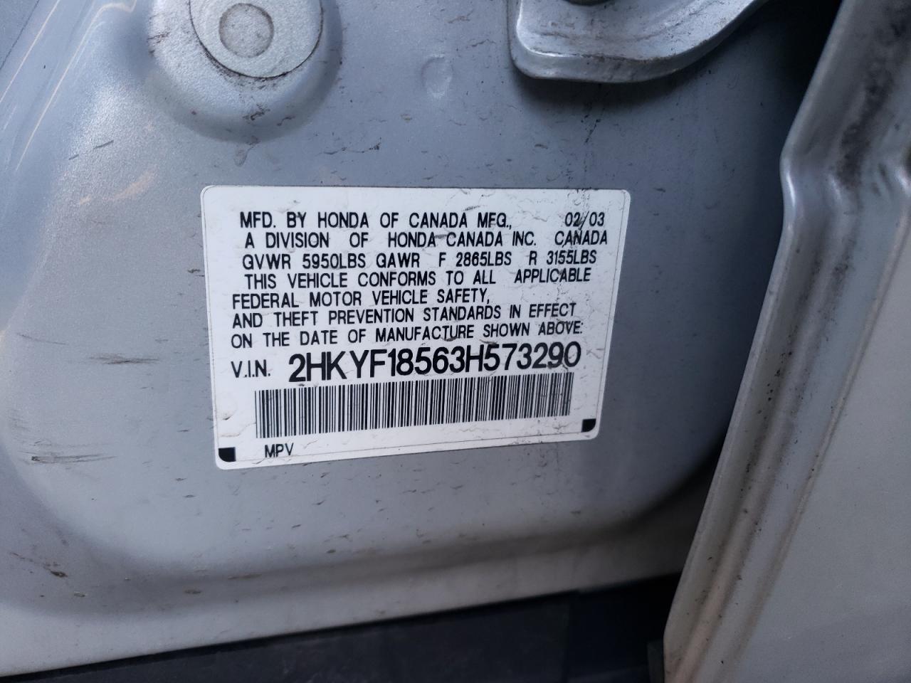 Photo 10 from auction – 2003 HONDA PILOT EXL with VIN 2HKYF18563H573290