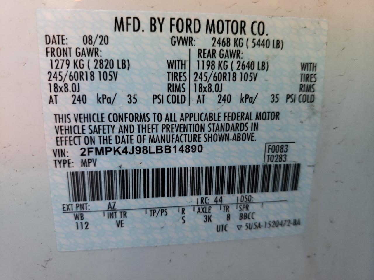 Photo 10 from auction – 2020 FORD EDGE SEL with VIN 2FMPK4J98LBB14890