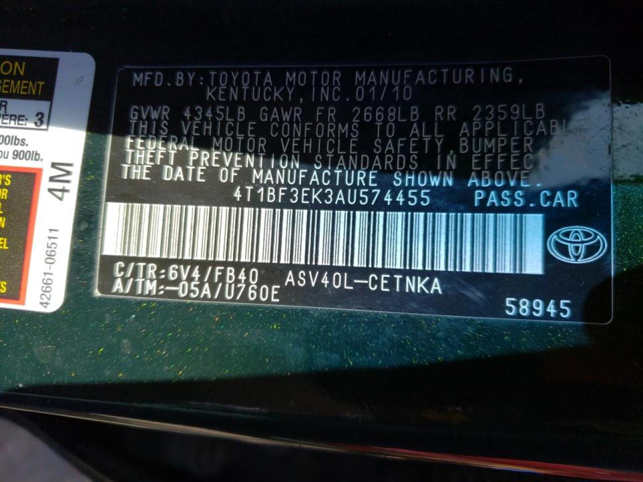 Photo 10 from auction – 2010 TOYOTA CAMRY BASE with VIN 4T1BF3EK3AU574455