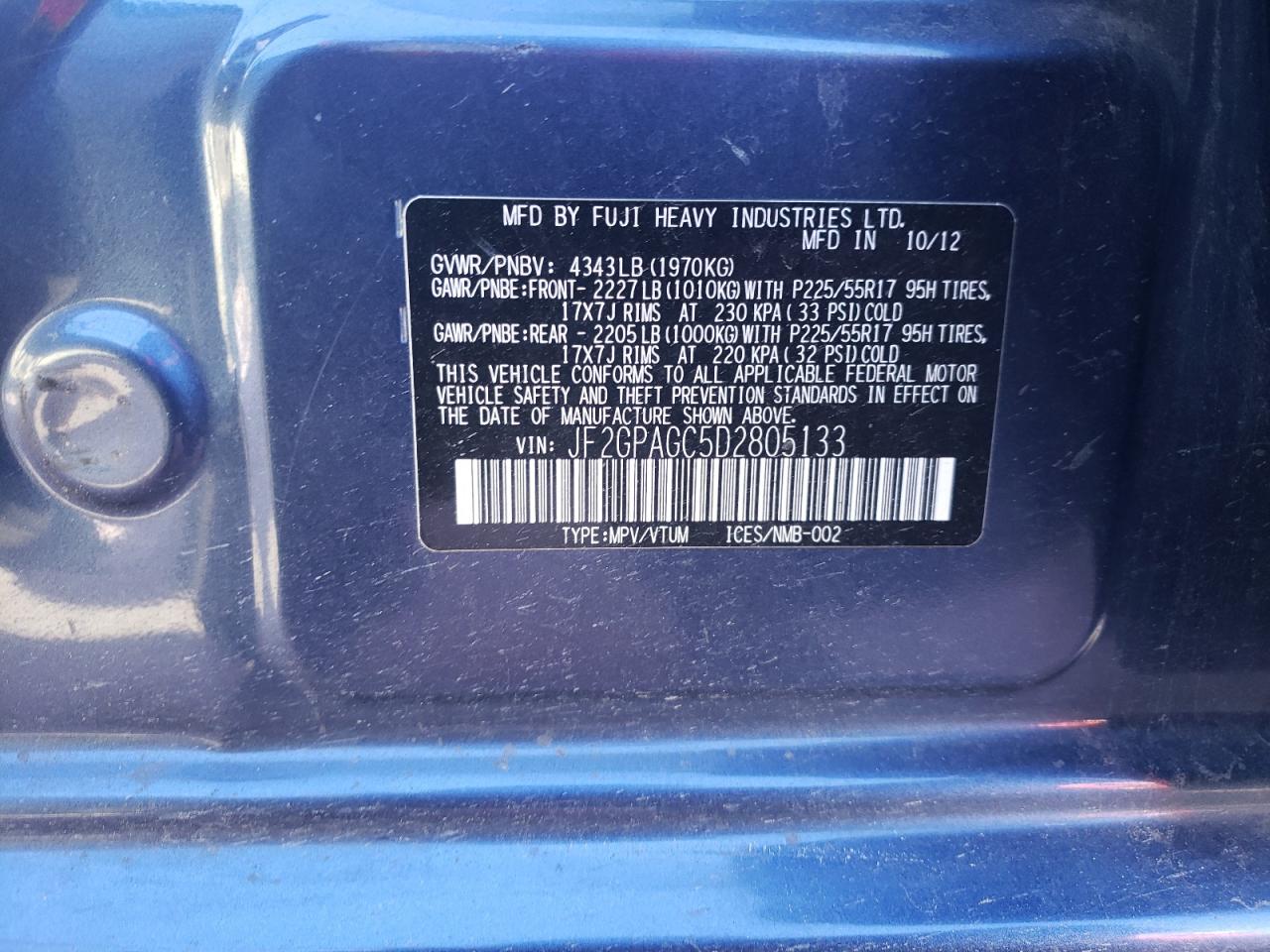 Photo 10 from auction – 2013 SUBARU XV CROSSTR with VIN JF2GPAGC5D2805133