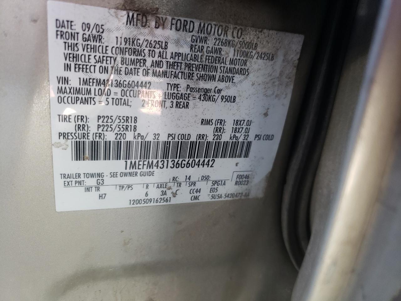 Photo 10 from auction – 2006 MERCURY MONTEGO PR with VIN 1MEFM43136G604442