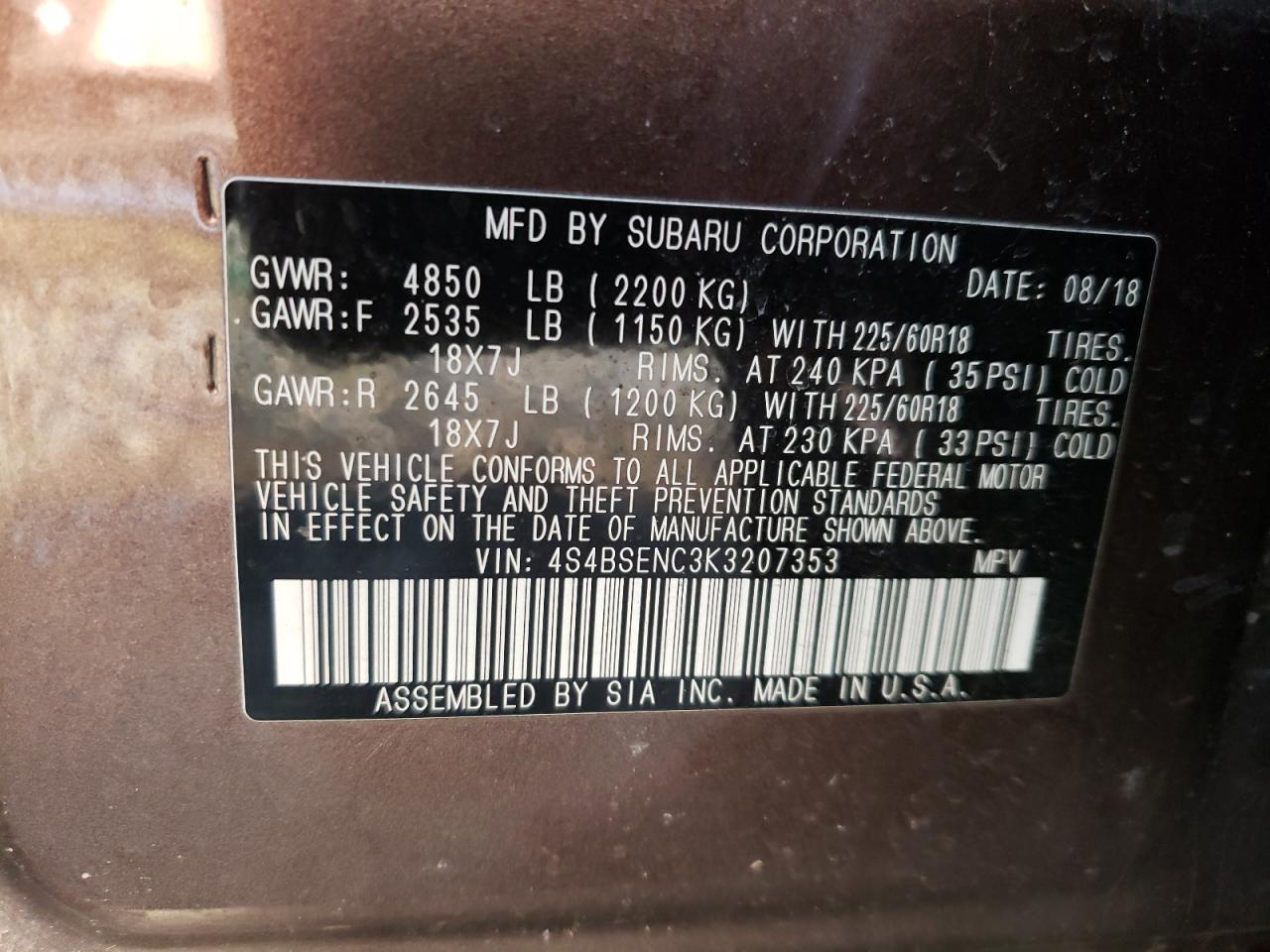 Фото 10 с аукциона – 2019 SUBARU OUTBACK 3. с VIN 4S4BSENC3K3207353